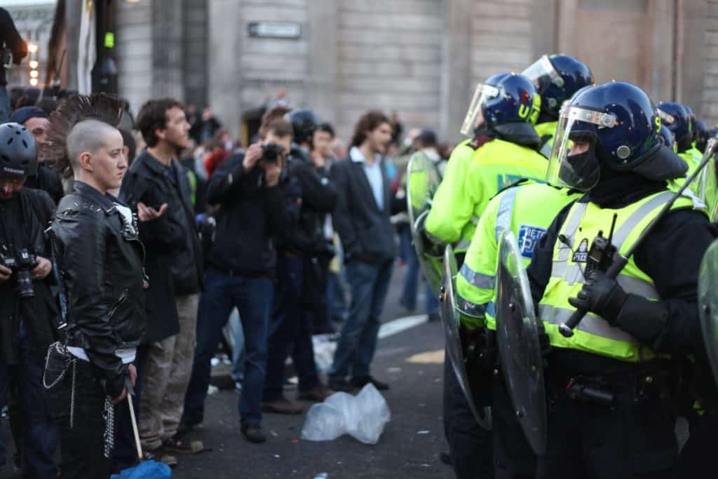 This photo by Jonathan Harrison shows a confrontation between London Police and protestors