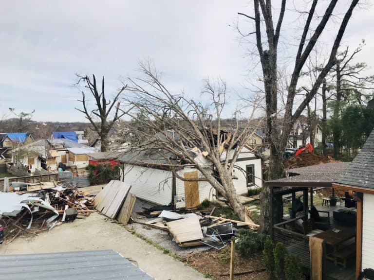 A tornado damaged neighborhood in Nashville Tennessee
