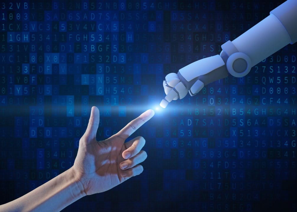 @tampatra stock photo, hand, technology, human, artificial, robot, computer, intelligence, data, binary, ai Human hand and robot hand with binary number code and light on blue screen background, artificial intelligence, AI, in futuristic digital technology concept