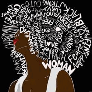 painting of a woman with hair made of words like woman, power, different, black, strong, bold, beautiful