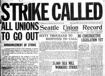 The front page of the Seattle Union Record at the beginning of the Seattle General Strike.