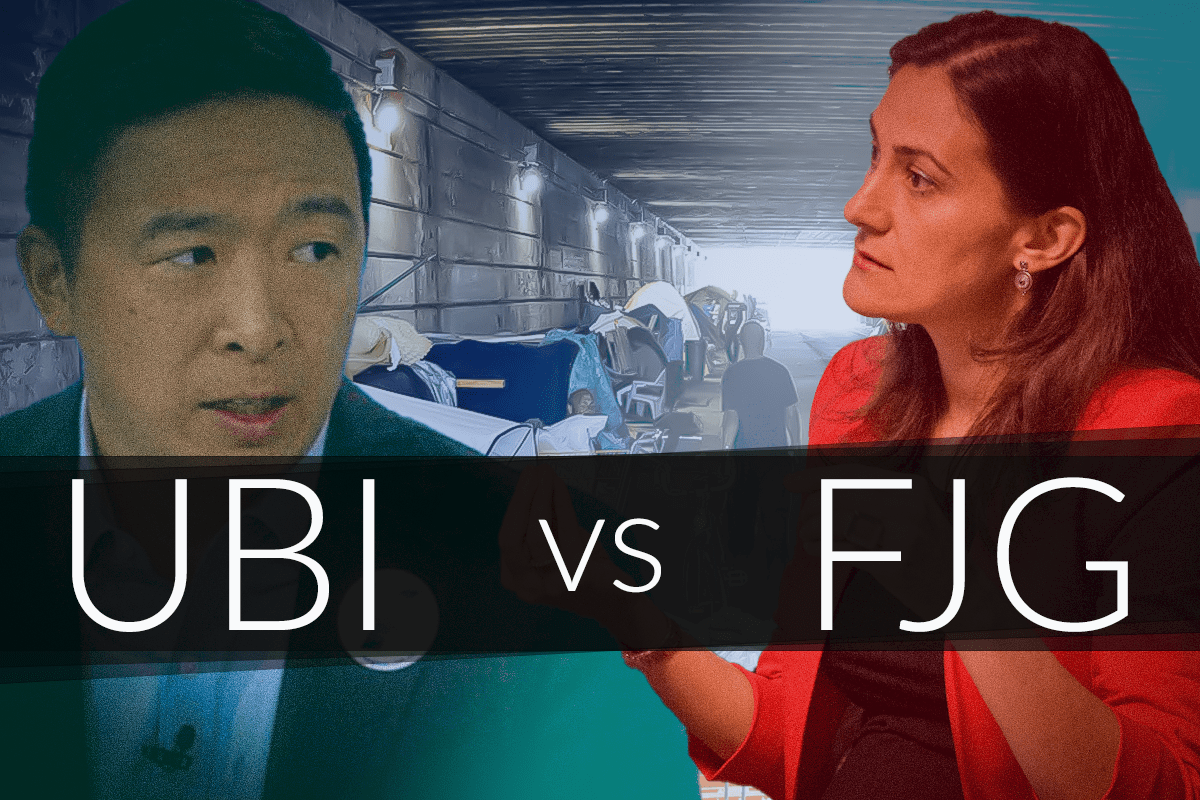 Picture of Andrew Yang and Pavlina Tcherneva with UBI vs FJG across the middle
